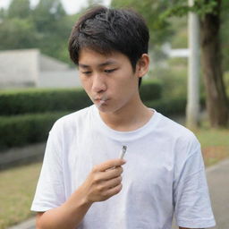 An Asian teenager kicking a cigarette away, symbolizing the rejection of smoking