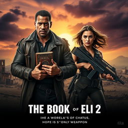 A cinematic teaser poster for 'THE BOOK OF ELI 2' featuring Denzel Washington and Mila Kunis