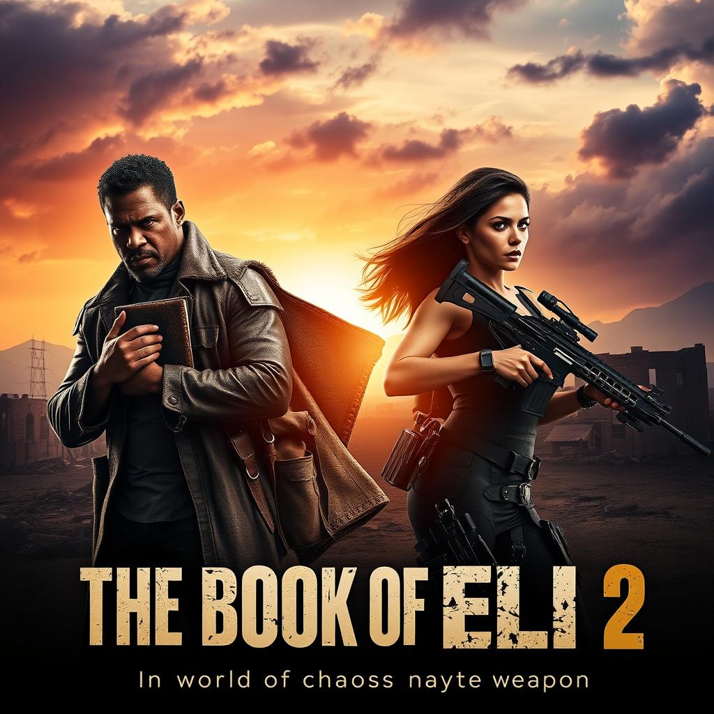 A cinematic teaser poster for 'THE BOOK OF ELI 2' featuring Denzel Washington and Mila Kunis