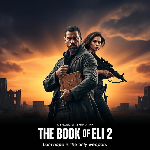 A cinematic teaser poster for 'THE BOOK OF ELI 2' featuring Denzel Washington and Mila Kunis