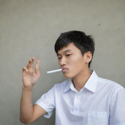 An Asian teenager kicking a cigarette away, symbolizing the rejection of smoking