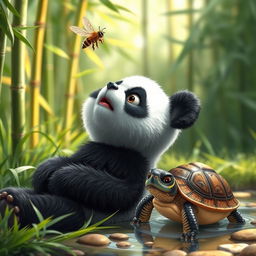 A realistic, adorable panda looking up with curiosity at a small bee hovering above it