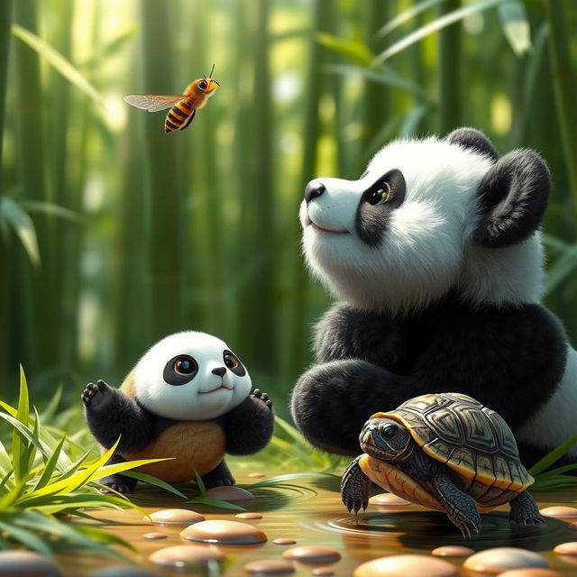 A realistic, adorable panda looking up with curiosity at a small bee hovering above it