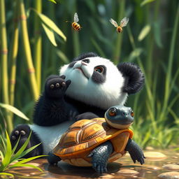 A realistic, adorable panda looking up with curiosity at a small bee hovering above it