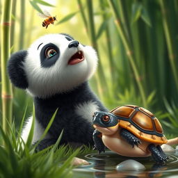 A realistic, adorable panda looking up with curiosity at a small bee hovering above it