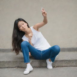 An Asian teenager kicking a cigarette away, symbolizing the rejection of smoking