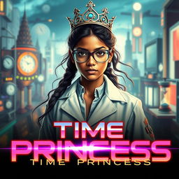A futuristic teenage girl with Indian descent, embodying a confident and determined scientist, possesses time control superpowers