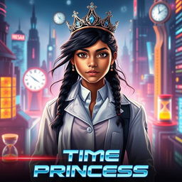 A futuristic teenage girl with Indian descent, embodying a confident and determined scientist, possesses time control superpowers