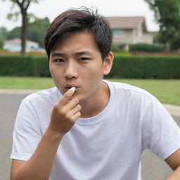 An Asian teenager kicking a cigarette away, symbolizing the rejection of smoking