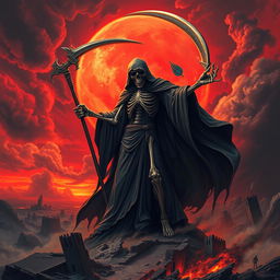 A powerful and captivating representation of 'Death, Destroyer of Worlds' looming dramatically over a desolate landscape