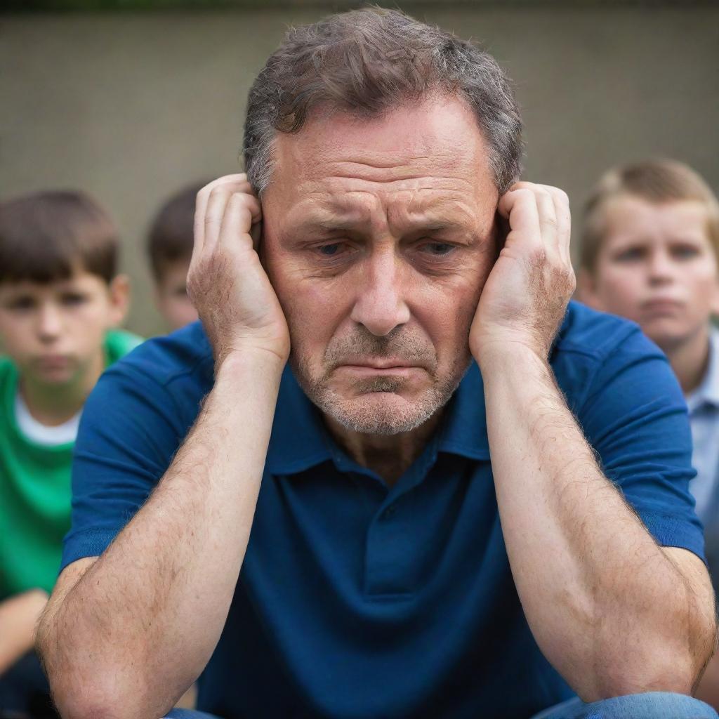 A sorrowful man suffering from addiction, watching a lively children's football game with a sense of longing and regret.