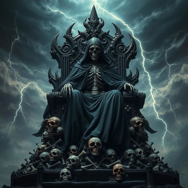 An imposing figure of 'Death, Destroyer of Worlds' sitting on a grand throne made entirely of bones and skulls