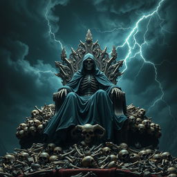 An imposing figure of 'Death, Destroyer of Worlds' sitting on a grand throne made entirely of bones and skulls