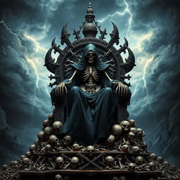 An imposing figure of 'Death, Destroyer of Worlds' sitting on a grand throne made entirely of bones and skulls