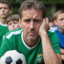 A sorrowful man suffering from addiction, watching a lively children's football game with a sense of longing and regret.