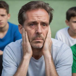 A sorrowful man suffering from addiction, watching a lively children's football game with a sense of longing and regret.