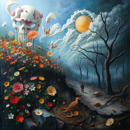 A surreal artistic representation of the concept of mortality and the cycle of life and death, depicted through abstract imagery