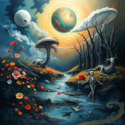 A surreal artistic representation of the concept of mortality and the cycle of life and death, depicted through abstract imagery