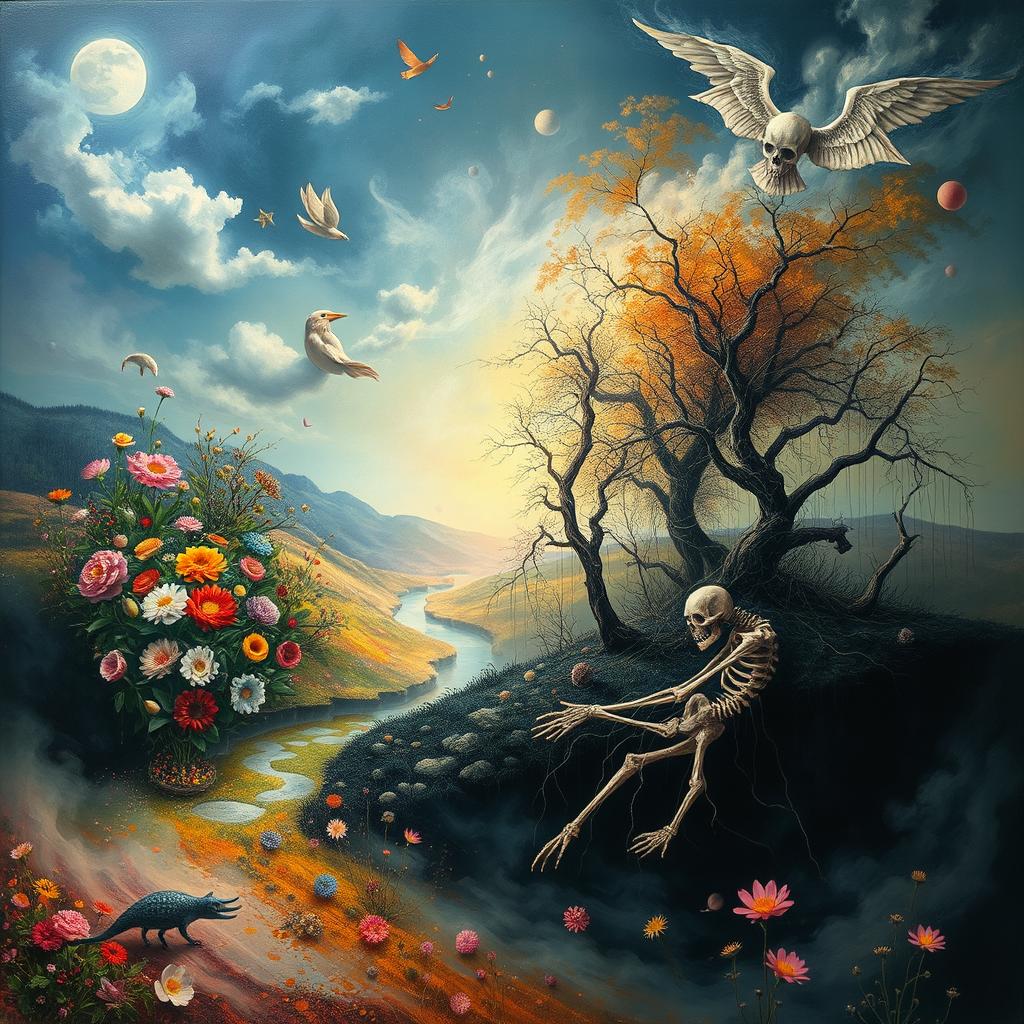 A surreal artistic representation of the concept of mortality and the cycle of life and death, depicted through abstract imagery