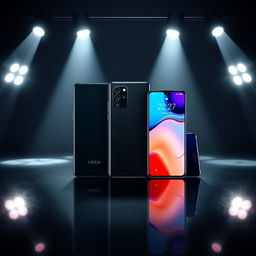 A high-end smartphone advertisement featuring two sleek smartphones prominently displayed on a dark, glossy reflective surface