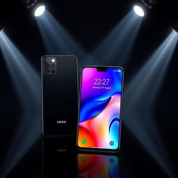 A high-end smartphone advertisement featuring two sleek smartphones prominently displayed on a dark, glossy reflective surface