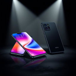A high-end smartphone advertisement featuring two sleek smartphones prominently displayed on a dark, glossy reflective surface