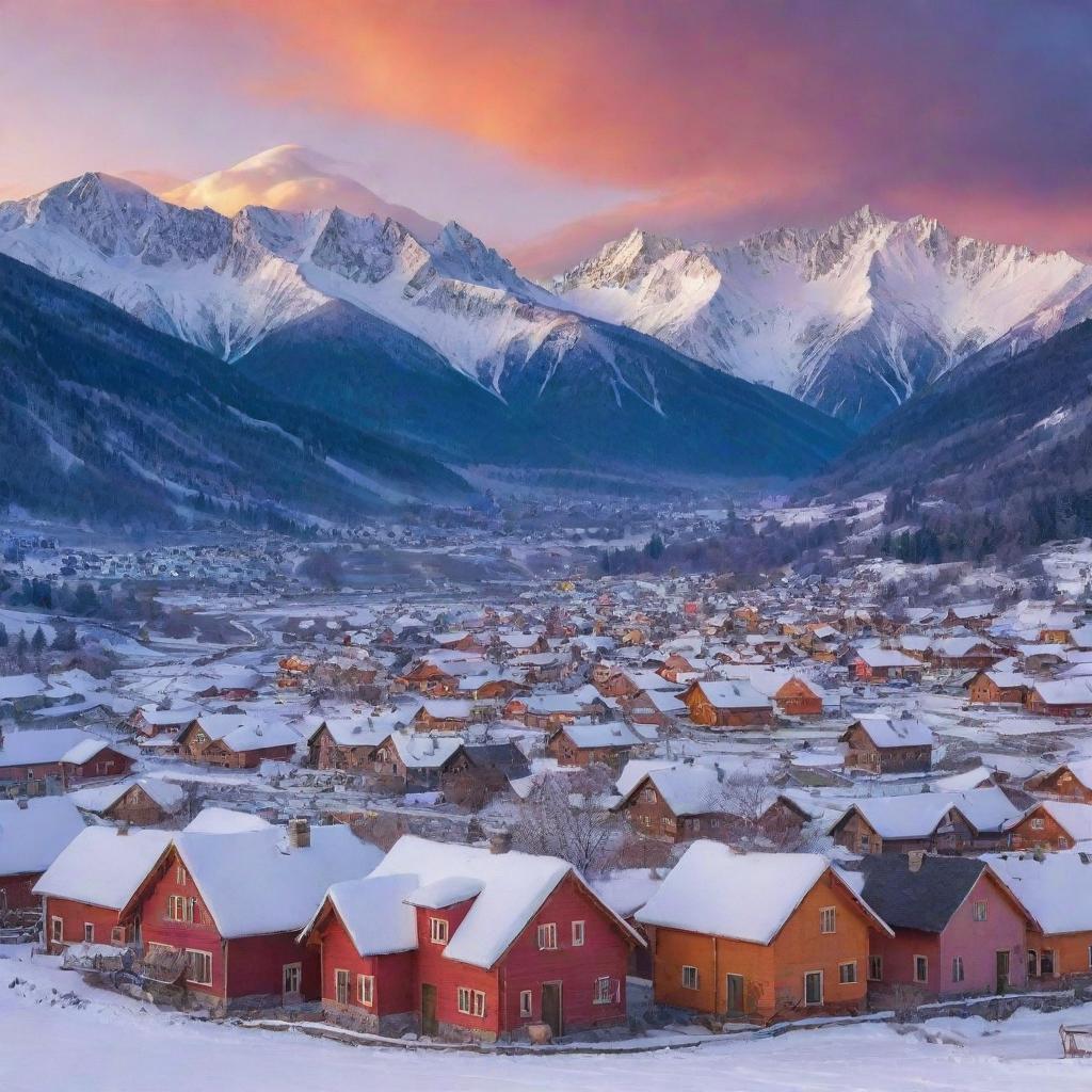 A serene landscape featuring a quaint village nestled at the foot of snow-capped mountains under a sky bursting with sunset colors.