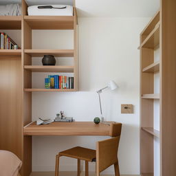 A compact yet comfortable bedroom with a study area including a desk, chair, lamp, and bookshelves, seamlessly integrated into the space