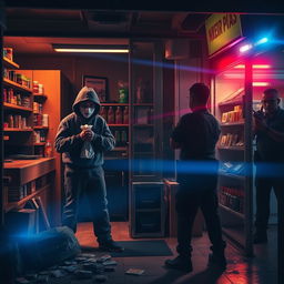 A tense and dramatic scene depicting a robbery gone wrong in an urban environment