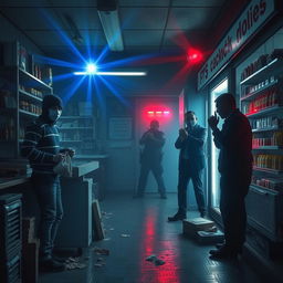 A tense and dramatic scene depicting a robbery gone wrong in an urban environment
