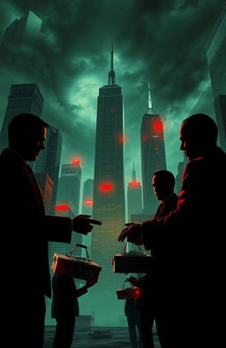 A surreal depiction of corruption represented as a twisted cityscape where skyscrapers are made of distorted metal, darkened skies looming overhead