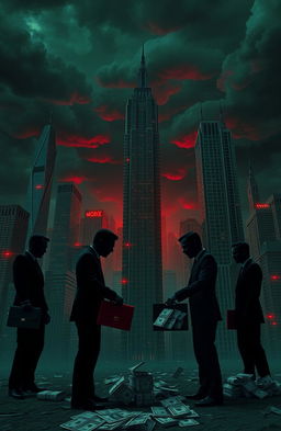 A surreal depiction of corruption represented as a twisted cityscape where skyscrapers are made of distorted metal, darkened skies looming overhead