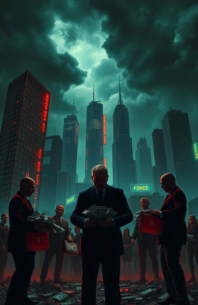 A surreal depiction of corruption represented as a twisted cityscape where skyscrapers are made of distorted metal, darkened skies looming overhead