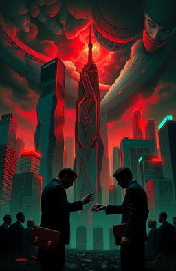 A surreal depiction of corruption represented as a twisted cityscape where skyscrapers are made of distorted metal, darkened skies looming overhead