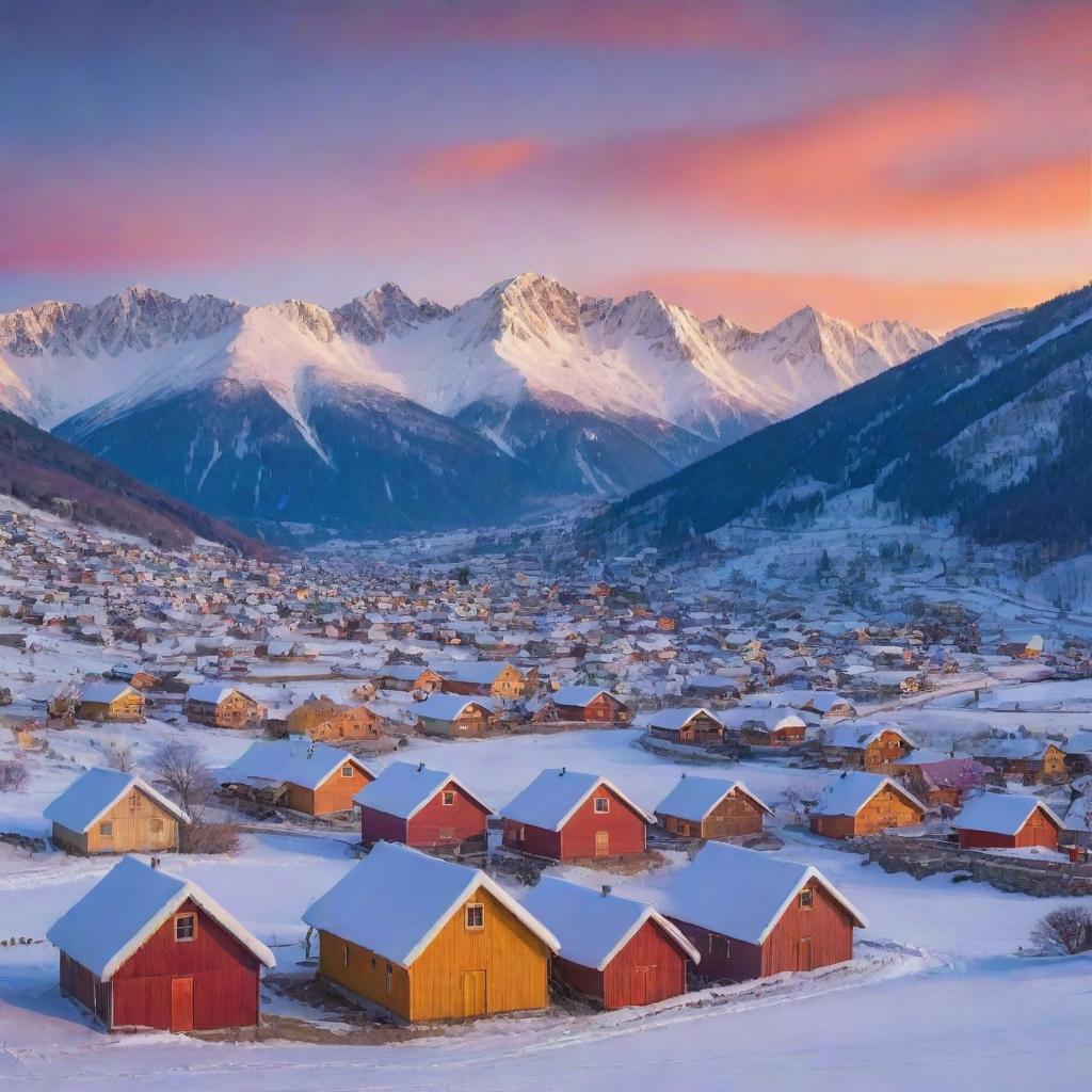 A serene landscape featuring a quaint village nestled at the foot of snow-capped mountains under a sky bursting with sunset colors.