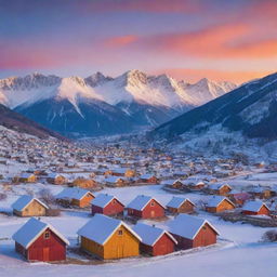 A serene landscape featuring a quaint village nestled at the foot of snow-capped mountains under a sky bursting with sunset colors.