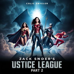 An epic and dramatic teaser poster for Zack Snyder's Justice League: Part 2, featuring the iconic heroes in dynamic poses