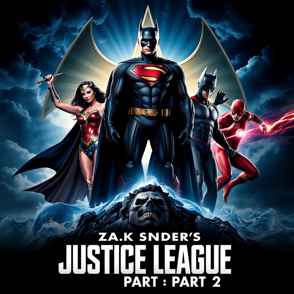 An epic and dramatic teaser poster for Zack Snyder's Justice League: Part 2, featuring the iconic heroes in dynamic poses