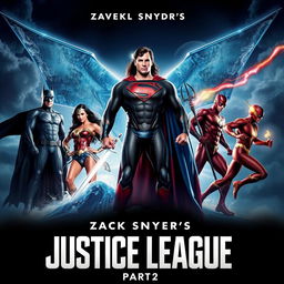 An epic and dramatic teaser poster for Zack Snyder's Justice League: Part 2, featuring the iconic heroes in dynamic poses