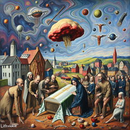 A surrealist interpretation of 'A Burial At Ornans', transforming the traditional scene into a dream-like, distorted landscape