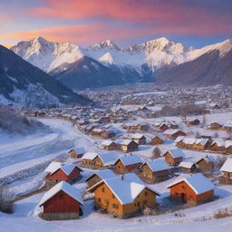 A serene landscape featuring a quaint village nestled at the foot of snow-capped mountains under a sky bursting with sunset colors.