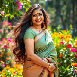 A beautiful Indian woman in her 40s with long, flowing hair and a warm smile, wearing a traditional saree that elegantly accentuates her curves