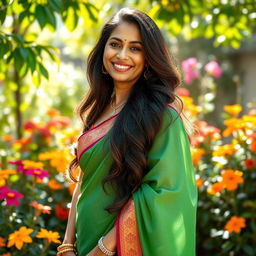 A beautiful Indian woman in her 40s with long, flowing hair and a warm smile, wearing a traditional saree that elegantly accentuates her curves