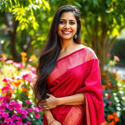 A beautiful Indian woman in her 40s with long, flowing hair and a warm smile, wearing a traditional saree that elegantly accentuates her curves