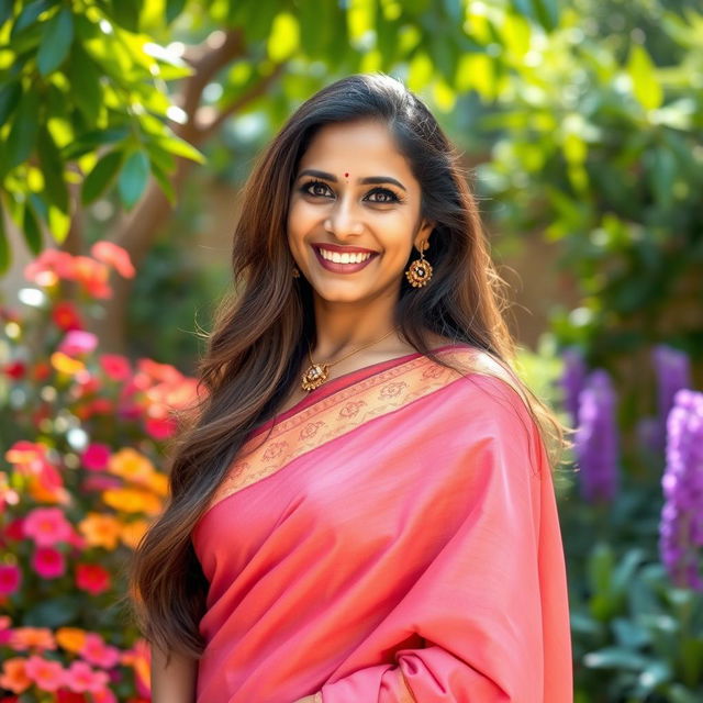 A beautiful Indian woman in her 40s with long, flowing hair and a warm smile, wearing a traditional saree that elegantly accentuates her curves