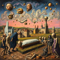 A surrealist interpretation of 'A Burial At Ornans', transforming the traditional scene into a dream-like, distorted landscape