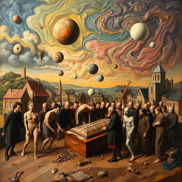 A surrealist interpretation of 'A Burial At Ornans', transforming the traditional scene into a dream-like, distorted landscape