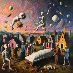 A surrealist interpretation of 'A Burial At Ornans', transforming the traditional scene into a dream-like, distorted landscape