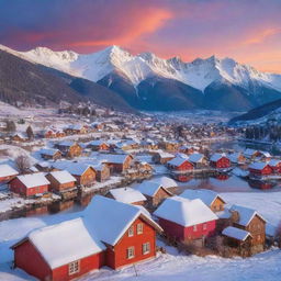 A serene landscape featuring a quaint village nestled at the foot of snow-capped mountains under a sky bursting with sunset colors.