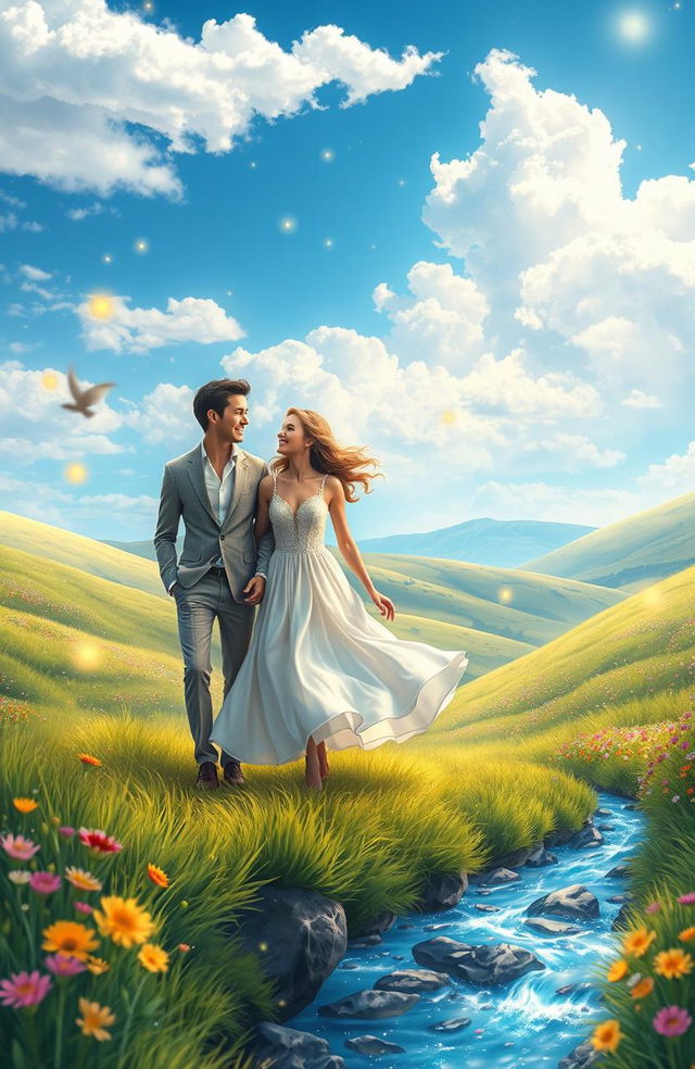 A romantic fantasy scene depicting a couple in love on a vibrant journey through a mystical landscape